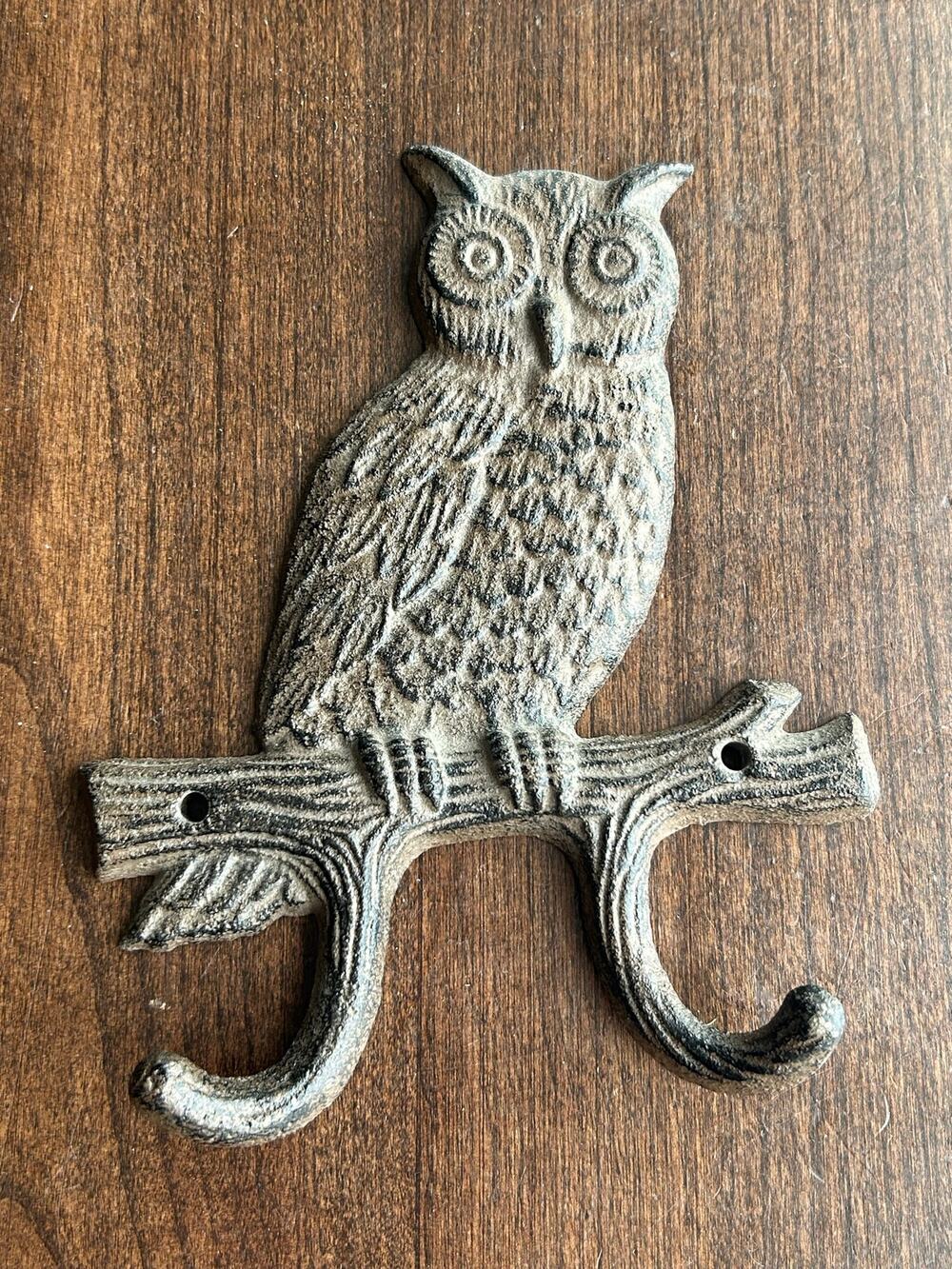Cast Iron Night Owl Wall Hook Key Towel Coat Hanger Rustic Owl Decor Two Hooks